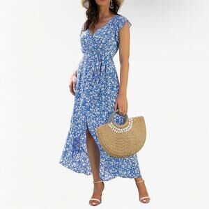 Grecerelle Womens Maxi Dress M Blue Floral Print Faux Wrap Short Sleeve High Low